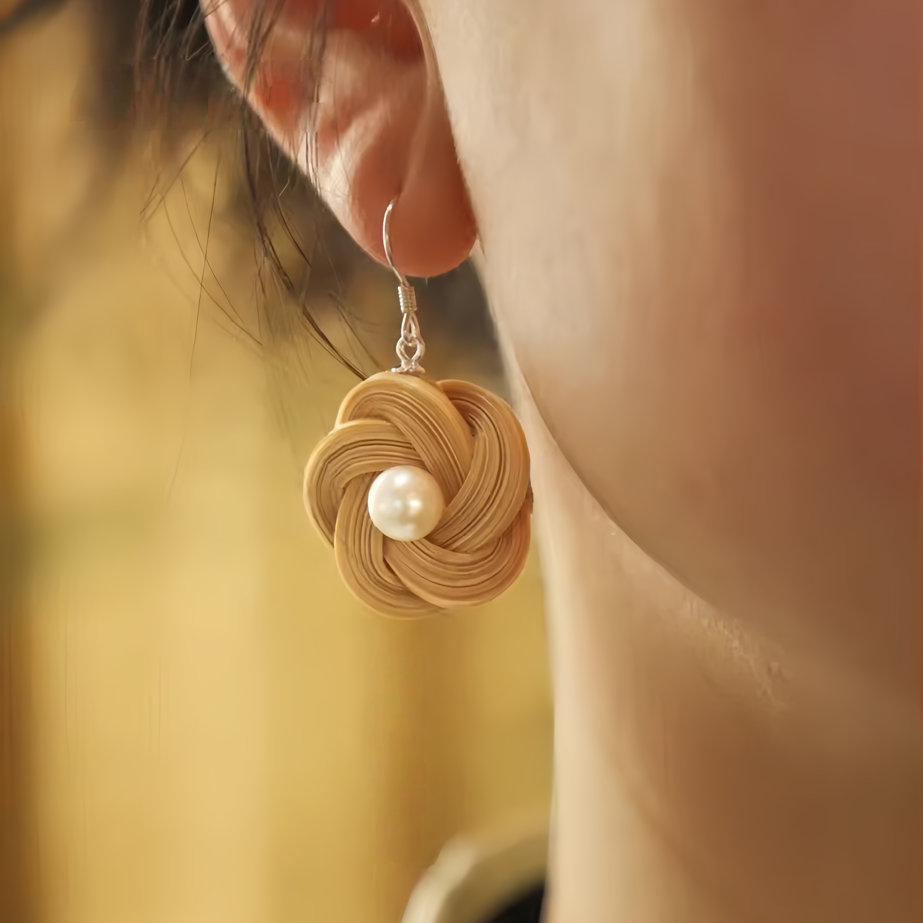 ZHU Handmade Bamboo Woven Earrings with Freshwater Pearl