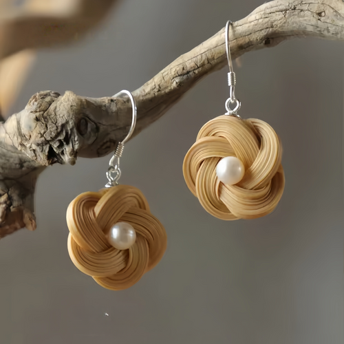 ZHU Handmade Bamboo Woven Earrings with Freshwater Pearl