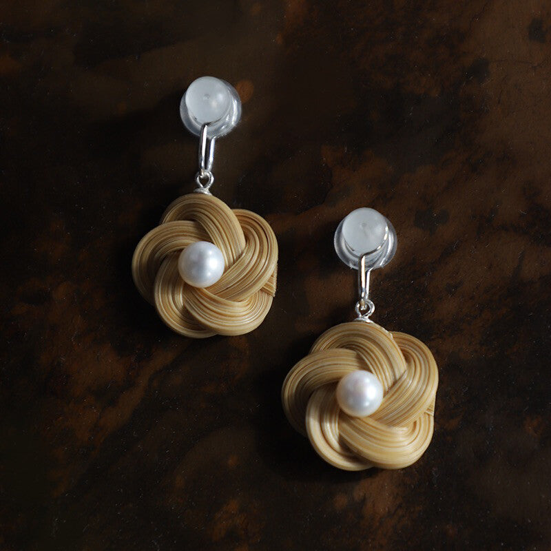 ZHU Handmade Bamboo Woven Earrings with Freshwater Pearl
